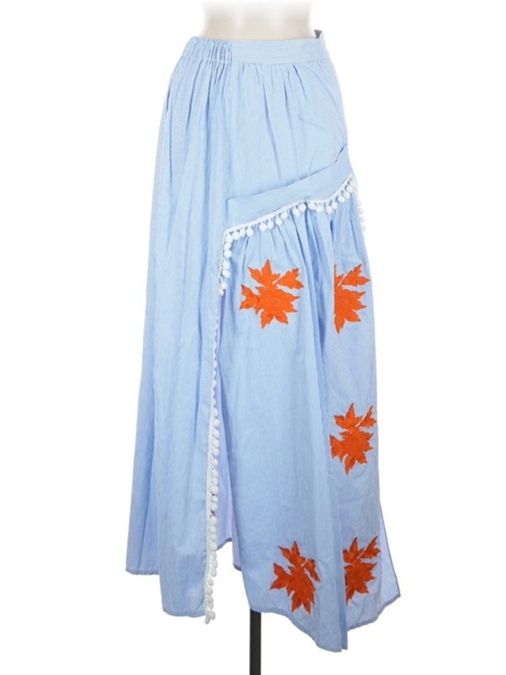 Lazuli Silk Wrap Midi Skirt Small Blue Stripe Floral Embroidered Boho Whimsy